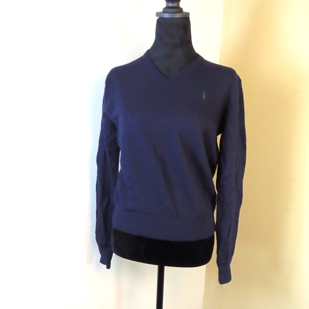 Polo Ralph Lauren Size LG 100% Merino Blue V-Neck Sweater See Measurements